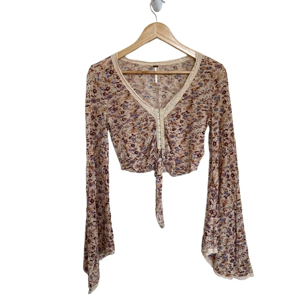 Free People Bell Sleeve Floral Crop Top